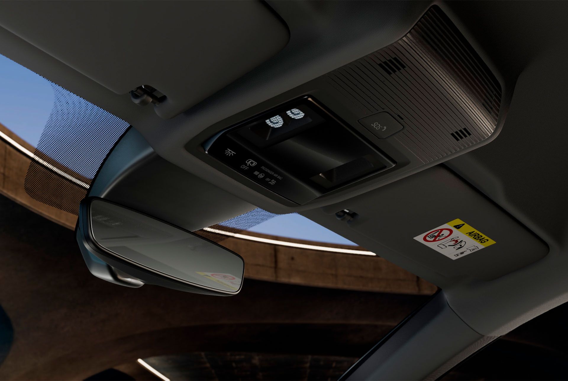 Vista interior do novo CUPRA Formentor com luzes LED do habitáculo, vários controlos e funcionalidades de conetividade CUPRA, incluindo um botão de emergência SOS