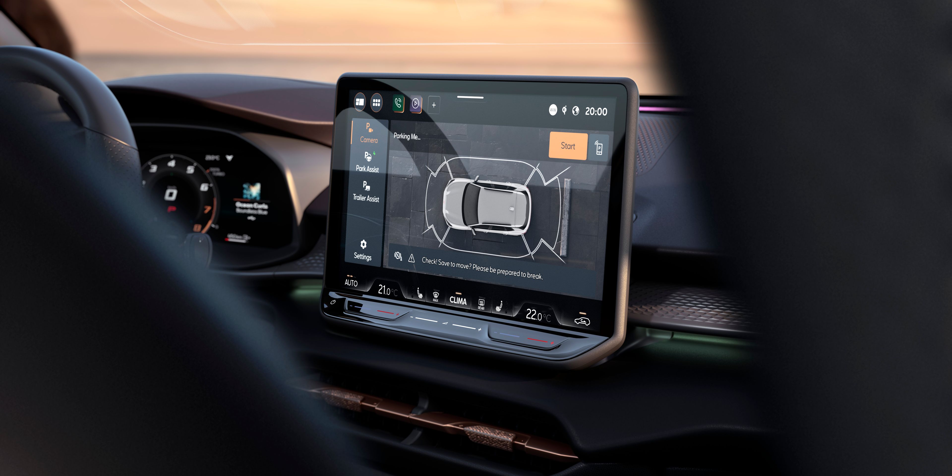 Sistema de infoentretenimento do CUPRA Terramar com destaque para a câmara top view.
